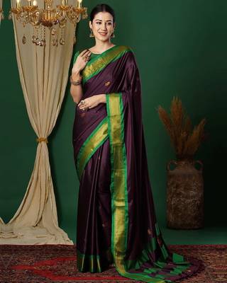 Magenta blended cotton woven zari work saree with blouse 3