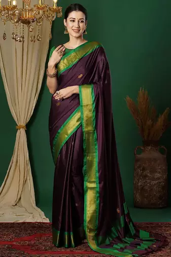Magenta blended cotton woven zari work saree with blouse