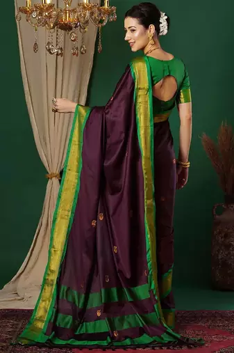 Magenta blended cotton woven zari work saree with blouse