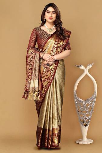 Beige jacquard woven zari work saree with blouse