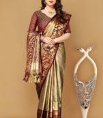 Beige jacquard woven zari work saree with blouse