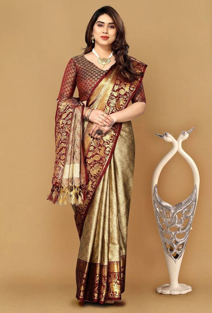 Beige jacquard woven zari work saree with blouse