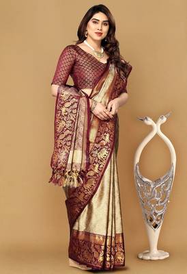Beige jacquard woven zari work saree with blouse 2