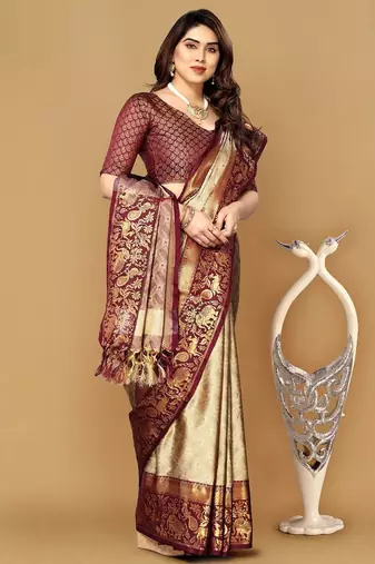 Beige jacquard woven zari work saree with blouse