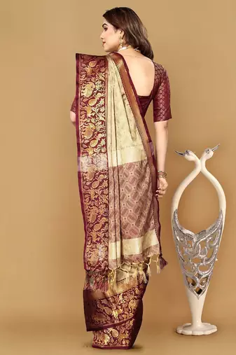 Beige jacquard woven zari work saree with blouse