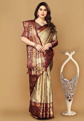 Beige jacquard woven zari work saree with blouse 5