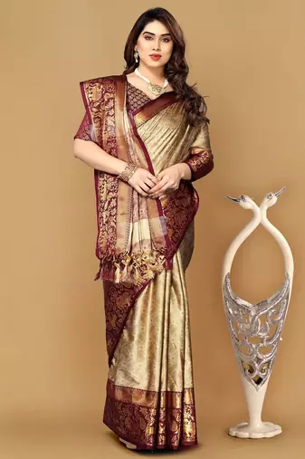 Beige jacquard woven zari work saree with blouse