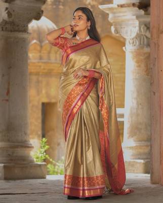 Beige blended cotton woven zari work saree with blouse 1