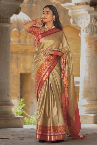 Beige blended cotton woven zari work saree with blouse