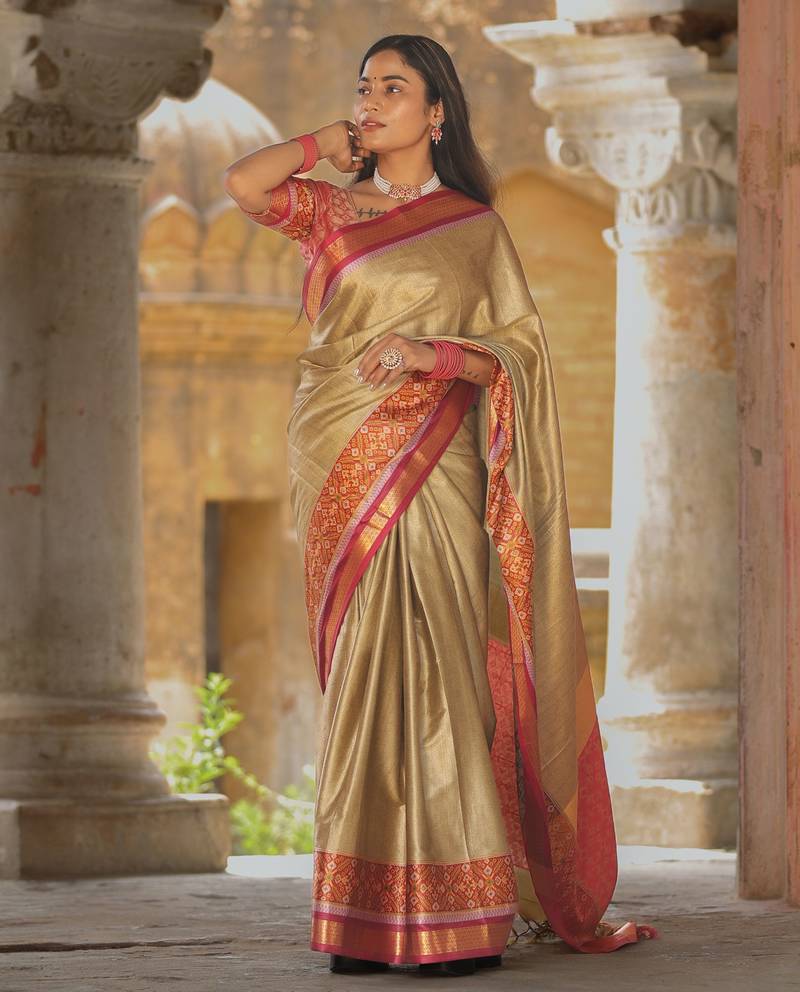Beige blended cotton woven zari work saree with blouse