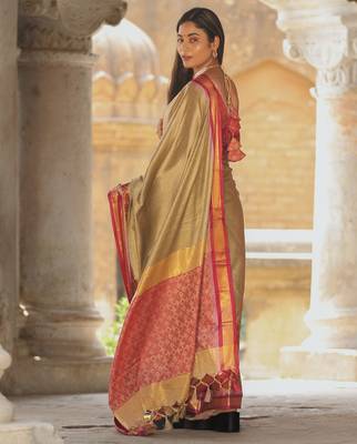 Beige blended cotton woven zari work saree with blouse 2