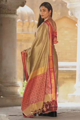 Beige blended cotton woven zari work saree with blouse