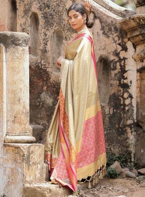 Beige blended cotton woven zari work saree with blouse 3