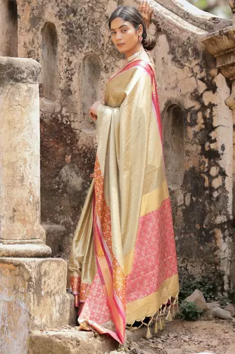 Beige blended cotton woven zari work saree with blouse