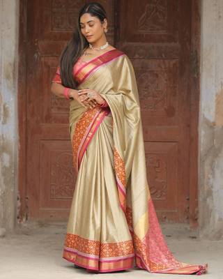 Beige blended cotton woven zari work saree with blouse 4