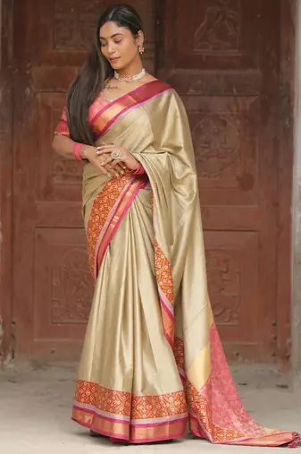 Beige blended cotton woven zari work saree with blouse