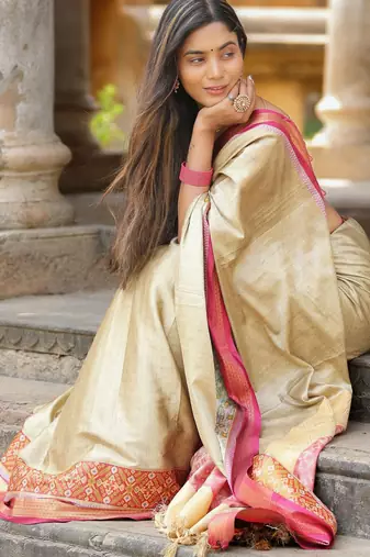 Beige blended cotton woven zari work saree with blouse
