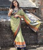 Green blended cotton woven zari work saree with blouse