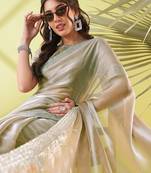 Beige chiffon woven zari work saree with blouse