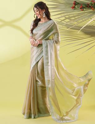 Beige chiffon woven zari work saree with blouse 2