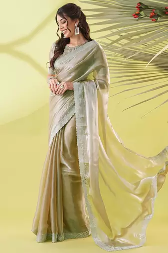 Beige chiffon woven zari work saree with blouse