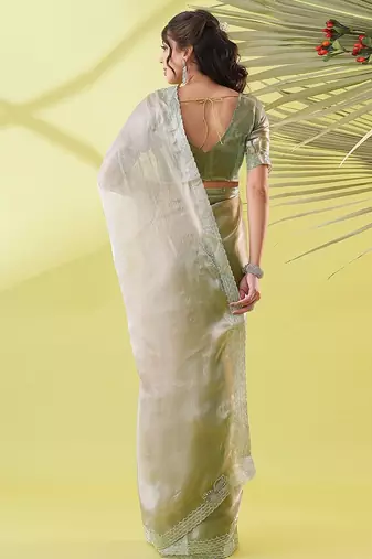 Beige chiffon woven zari work saree with blouse