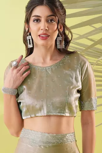 Beige chiffon woven zari work saree with blouse