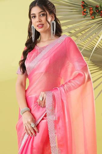 Pink chiffon woven zari work saree with blouse