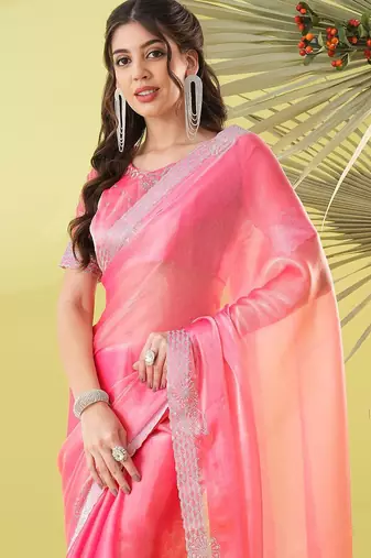 Pink chiffon woven zari work saree with blouse