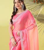 Pink chiffon woven zari work saree with blouse
