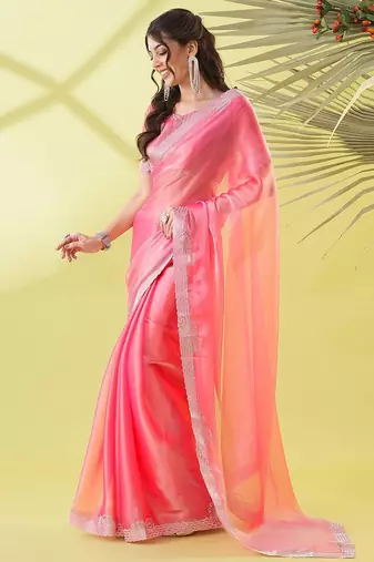 Pink chiffon woven zari work saree with blouse