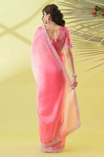 Pink chiffon woven zari work saree with blouse