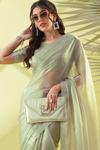 Dark green chiffon woven zari work saree with blouse