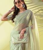 Dark green chiffon woven zari work saree with blouse