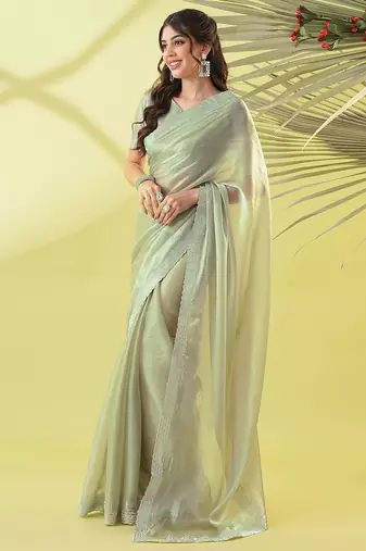 Dark green chiffon woven zari work saree with blouse