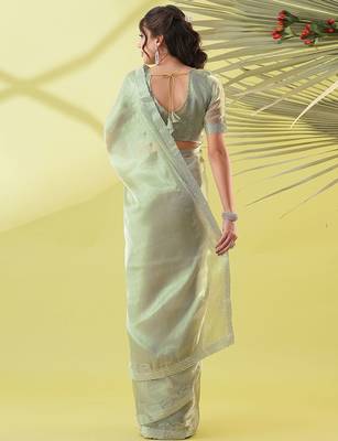 Dark green chiffon woven zari work saree with blouse 3