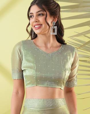 Dark green chiffon woven zari work saree with blouse 4