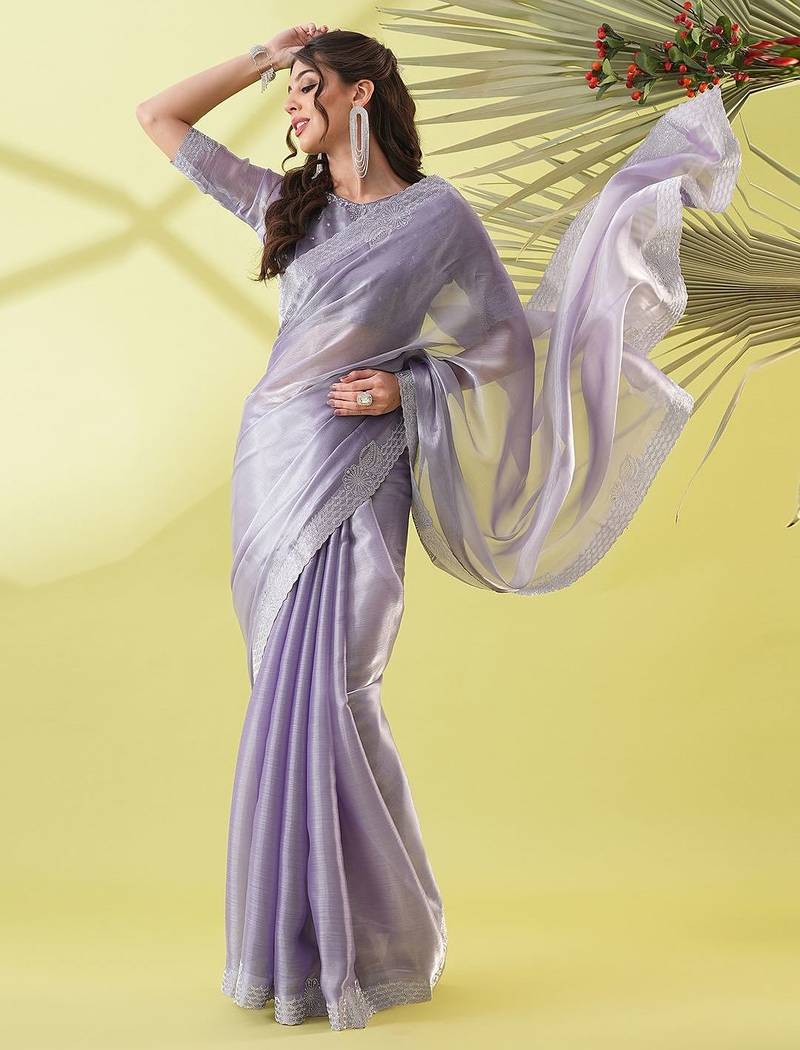 Purple chiffon woven zari work saree with blouse