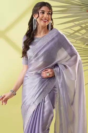 Purple chiffon woven zari work saree with blouse