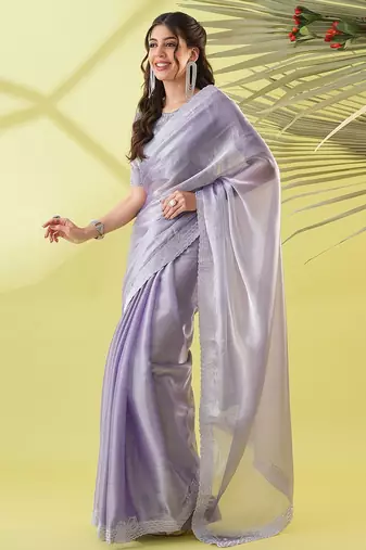 Purple chiffon woven zari work saree with blouse