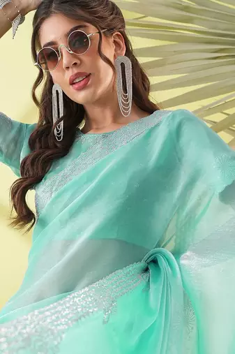 Light blue chiffon woven zari work saree with blouse
