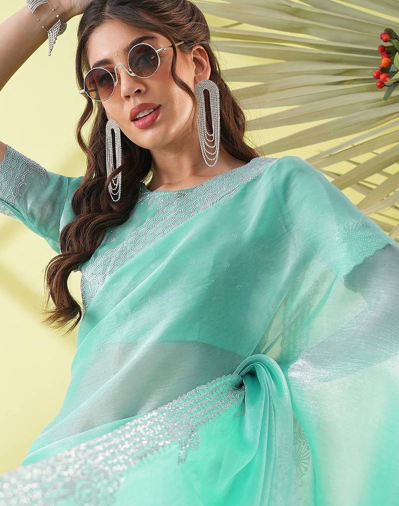 Light blue chiffon woven zari work saree with blouse