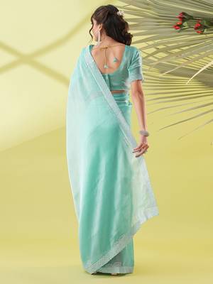 Light blue chiffon woven zari work saree with blouse 3
