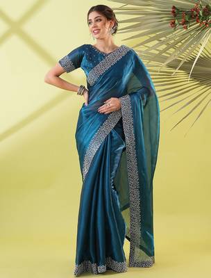 Dark blue organza woven zari work saree with blouse 1