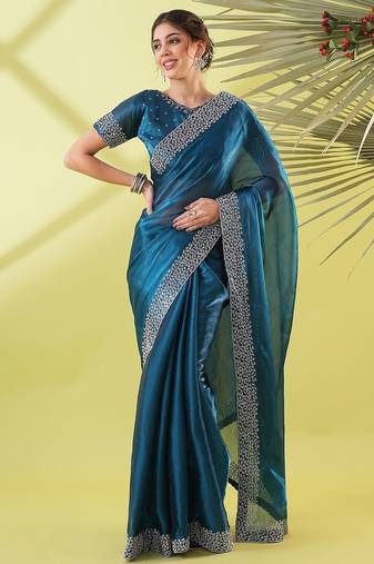 Dark blue organza woven zari work saree with blouse