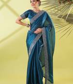 Dark blue organza woven zari work saree with blouse