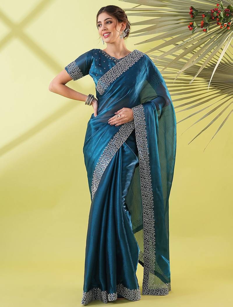 Dark blue organza woven zari work saree with blouse