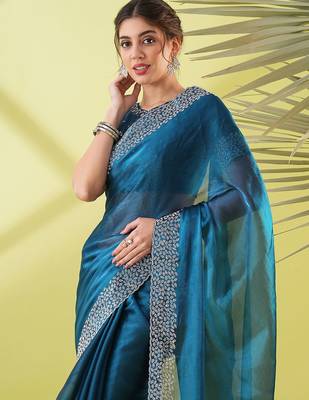 Dark blue organza woven zari work saree with blouse 2