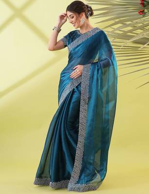 Dark blue organza woven zari work saree with blouse 3