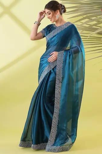 Dark blue organza woven zari work saree with blouse